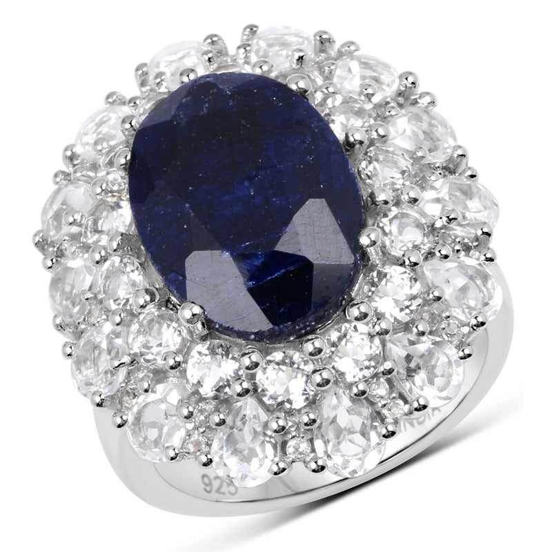 10.64 Carat Dyed Sapphire and White Topaz .925 Sterling Silver Ring