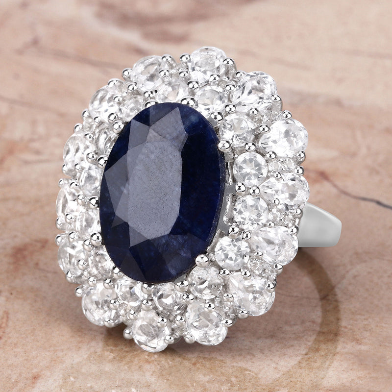 10.64 Carat Dyed Sapphire and White Topaz .925 Sterling Silver Ring