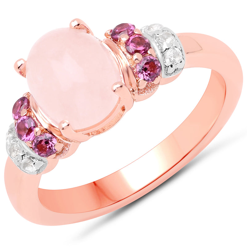 14K Rose Gold Plated 2.27 Carat Genuine Morganite, Rhodolite and White Topaz .925 Sterling Silver Ring