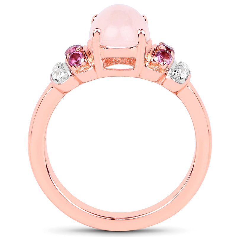 14K Rose Gold Plated 2.27 Carat Genuine Morganite, Rhodolite and White Topaz .925 Sterling Silver Ring