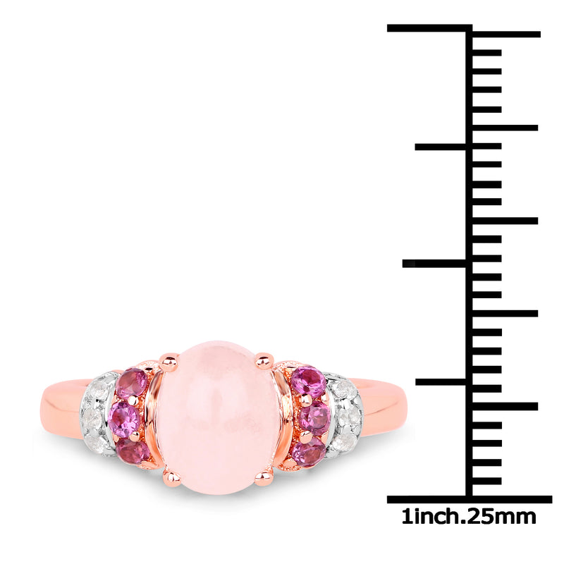 14K Rose Gold Plated 2.27 Carat Genuine Morganite, Rhodolite and White Topaz .925 Sterling Silver Ring