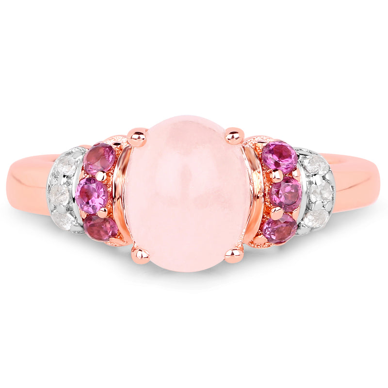 14K Rose Gold Plated 2.27 Carat Genuine Morganite, Rhodolite and White Topaz .925 Sterling Silver Ring