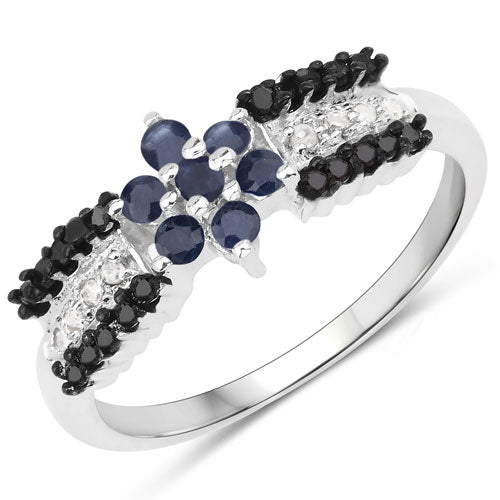 "0.45 Carat Genuine Blue Sapphire, Black Diamond and White Diamond .925 Sterling Silver Ring