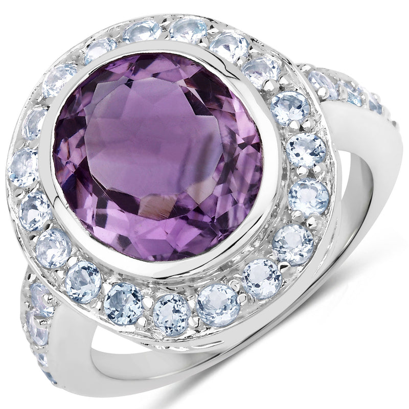 4.77 Carat Genuine Amethyst and Blue Topaz .925 Sterling Silver Ring