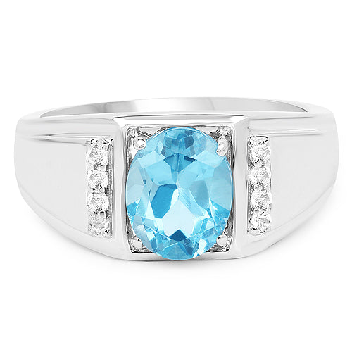2.18 Carat Genuine London Blue Topaz and White Topaz .925 Sterling Silver Ring
