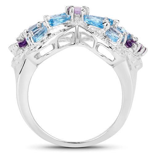 3.56 Carat Genuine Swiss Blue Topaz and Amethyst .925 Sterling Silver Ring