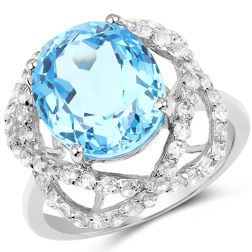 7.32 Carat Genuine Swiss Blue Topaz & White Topaz .925 Sterling Silver Ring
