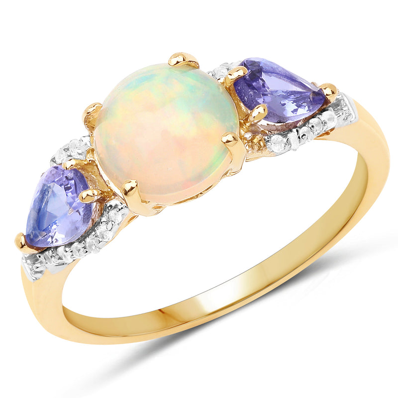 14K Yellow Gold Plated 2.21 Carat Genuine Ethiopian Opal, Tanzanite & White Topaz .925 Sterling Silver Ring