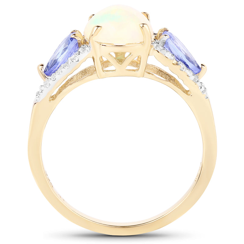 14K Yellow Gold Plated 2.21 Carat Genuine Ethiopian Opal, Tanzanite & White Topaz .925 Sterling Silver Ring