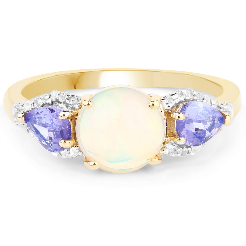 14K Yellow Gold Plated 2.21 Carat Genuine Ethiopian Opal, Tanzanite & White Topaz .925 Sterling Silver Ring