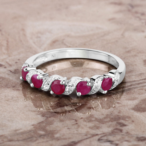 0.69 Carat Genuine Ruby and White Topaz .925 Sterling Silver Ring