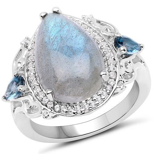 6.18 Carat Genuine Labradorite, London Blue Topaz and White Topaz .925 Sterling Silver Ring