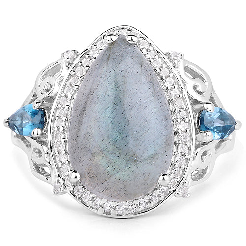 6.18 Carat Genuine Labradorite, London Blue Topaz and White Topaz .925 Sterling Silver Ring