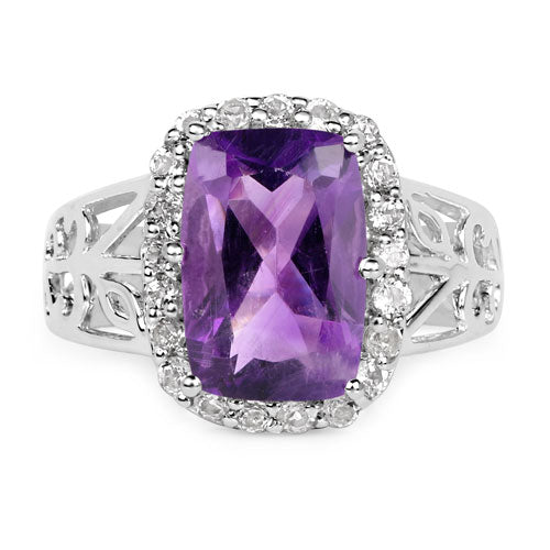 4.04 Carat Genuine  Amethyst and White Topaz .925 Sterling Silver Ring