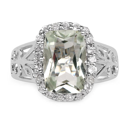 3.94 Carat Genuine Green Amethyst and White Topaz .925 Sterling Silver Ring