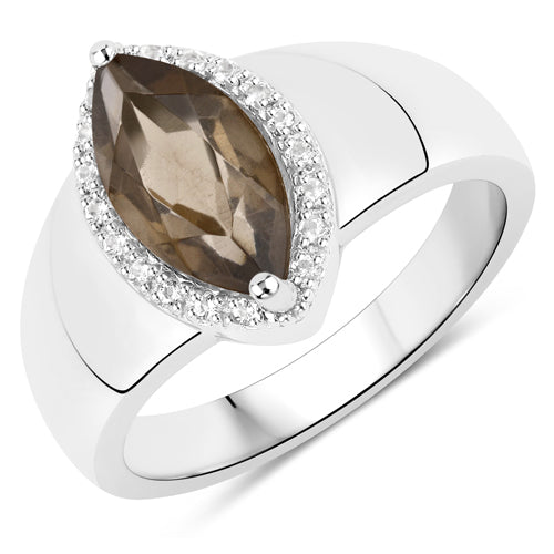 1.69 Carat Genuine Smoky Quartz and White Topaz .925 Sterling Silver Ring