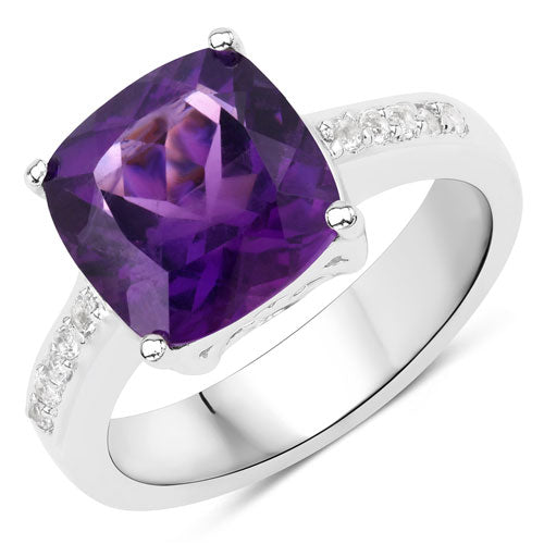 3.32 Carat Genuine Amethyst and White Topaz .925 Sterling Silver Ring