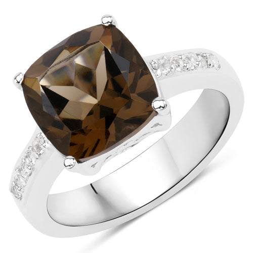 3.77 Carat Genuine Smoky Quartz and White Topaz .925 Sterling Silver Ring