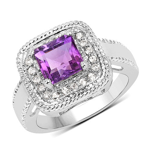 1.80 Carat Genuine Amethyst and White Topaz .925 Sterling Silver Ring