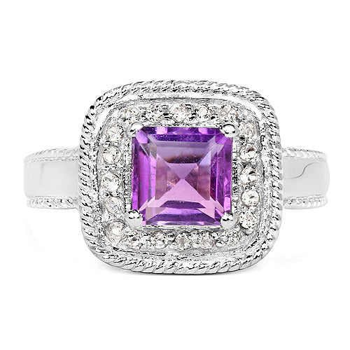 1.80 Carat Genuine Amethyst and White Topaz .925 Sterling Silver Ring