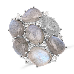 10.44 Carat Genuine Labradorite And White Topaz .925 Sterling Silver Ring