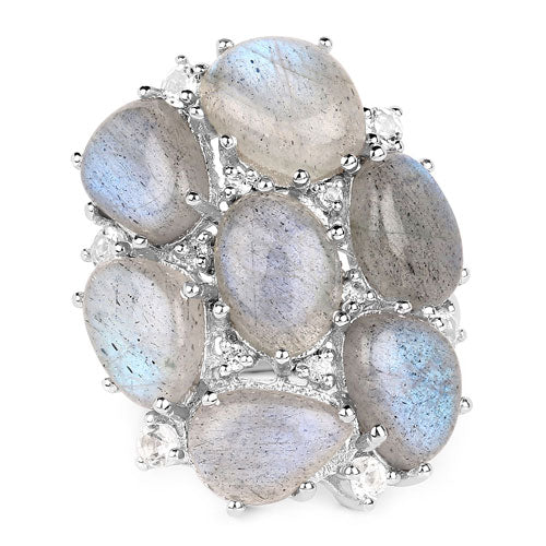 10.44 Carat Genuine Labradorite And White Topaz .925 Sterling Silver Ring