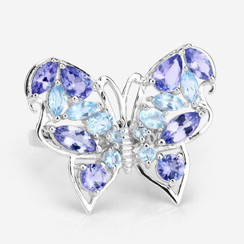3.60 Carat Genuine Tanzanite and Swiss Blue Topaz .925 Sterling Silver Ring