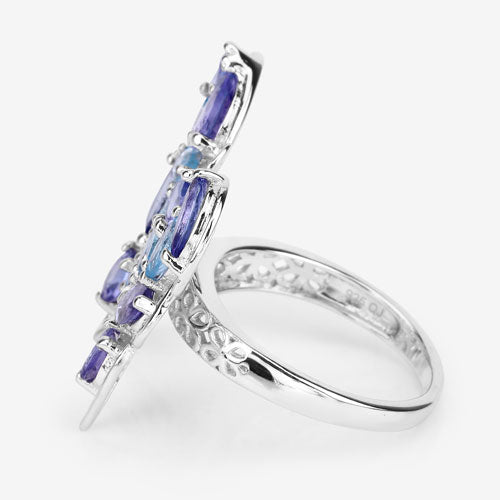 3.60 Carat Genuine Tanzanite and Swiss Blue Topaz .925 Sterling Silver Ring