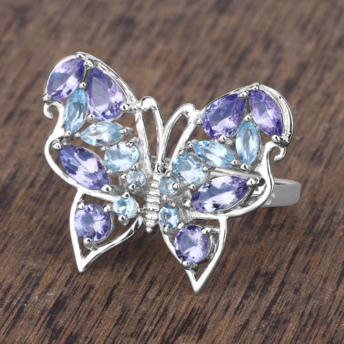 3.60 Carat Genuine Tanzanite and Swiss Blue Topaz .925 Sterling Silver Ring
