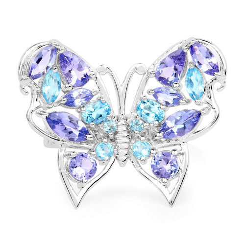 3.60 Carat Genuine Tanzanite and Swiss Blue Topaz .925 Sterling Silver Ring