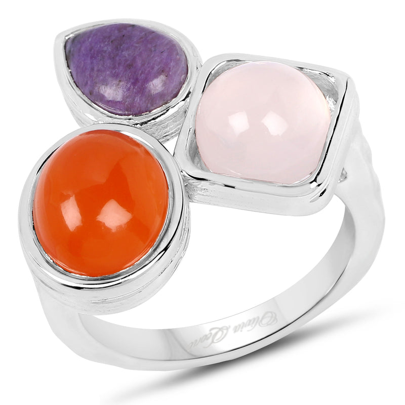 5.21 Carat Genuine Rose Quartz, Carnelian And Charolite .925 Sterling Silver Ring