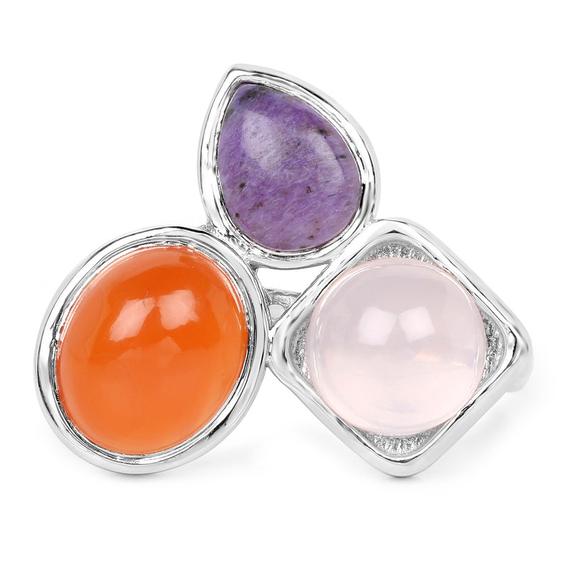 5.21 Carat Genuine Rose Quartz, Carnelian And Charolite .925 Sterling Silver Ring