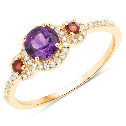 "0.66 Carat Genuine Amethyst, Garnet and White Diamond 10K Yellow Gold Ring