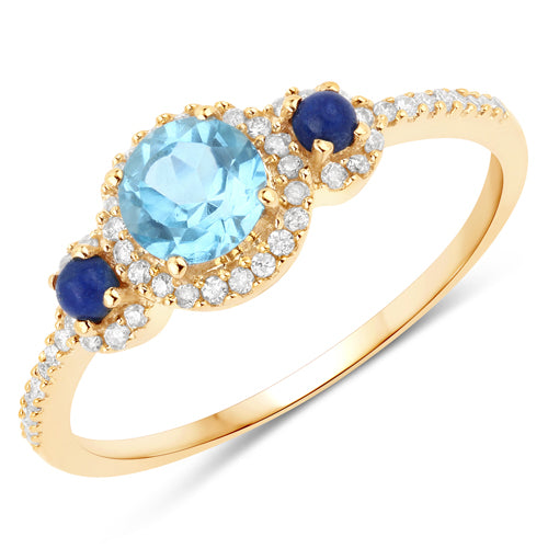 "0.83 Carat Genuine Swiss Blue Topaz, Lapis and White Diamond 10K Yellow Gold Ring