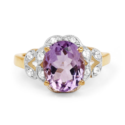 14K Yellow Gold Plated 3.46 Carat Genuine Amethyst & White Topaz .925 Sterling Silver Ring