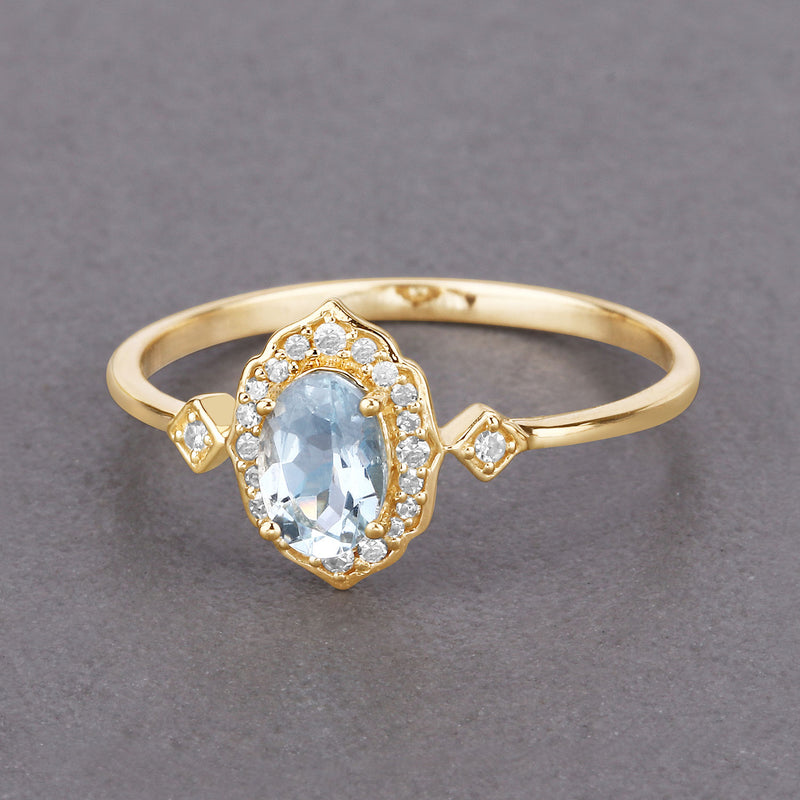 0.48 Carat Genuine Aquamarine and White Diamond 14K Yellow Gold Ring
