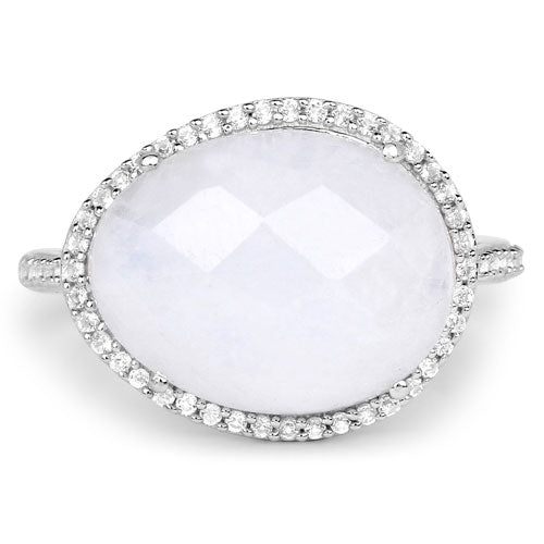 7.33 Carat Genuine White Rainbow Moonstone And White Topaz .925 Sterling Silver Ring