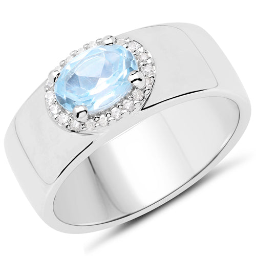 1.07 Carat Genuine Blue Topaz and White Topaz .925 Sterling Silver Ring