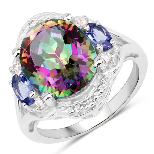 "4.74 Carat Genuine Rainbow Quartz, Tanzanite and White Zircon .925 Sterling Silver Ring