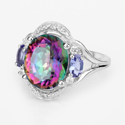 "4.74 Carat Genuine Rainbow Quartz, Tanzanite and White Zircon .925 Sterling Silver Ring