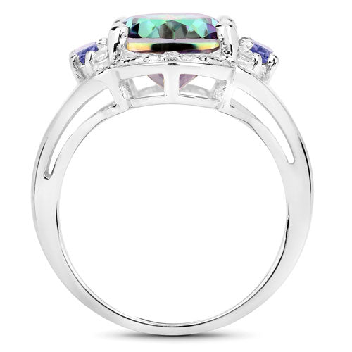 "4.74 Carat Genuine Rainbow Quartz, Tanzanite and White Zircon .925 Sterling Silver Ring