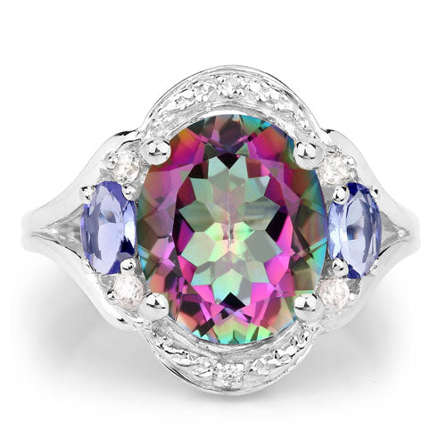 "4.74 Carat Genuine Rainbow Quartz, Tanzanite and White Zircon .925 Sterling Silver Ring