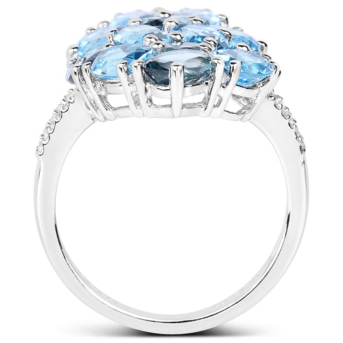 6.69 Carat Genuine Swiss Blue Topaz, London Blue Topaz and White Zircon .925 Sterling Silver Ring