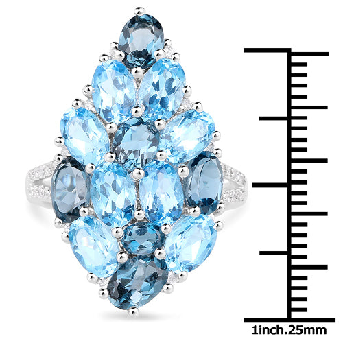 6.69 Carat Genuine Swiss Blue Topaz, London Blue Topaz and White Zircon .925 Sterling Silver Ring