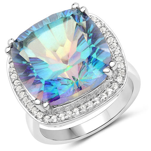 13.33 Carat Genuine Blue Rainbow Quartz and White Topaz .925 Sterling Silver Ring