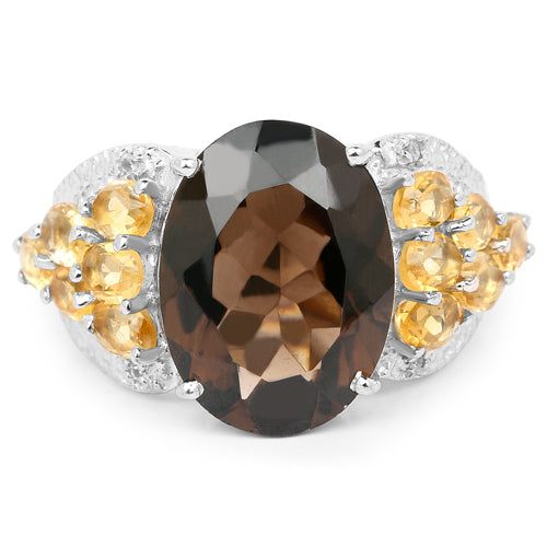 9.74 Carat Genuine Smoky Quartz, Citrine & White Topaz .925 Sterling Silver Ring