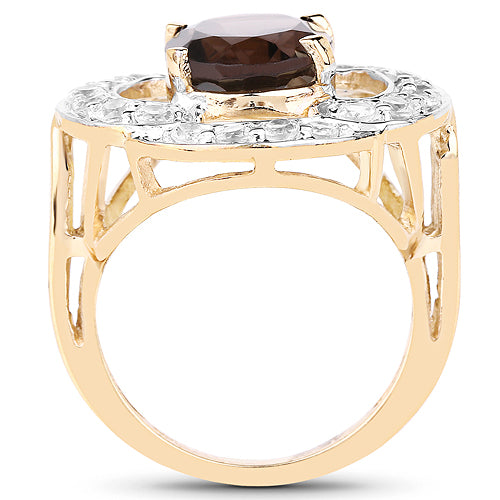 14K Yellow Gold Plated 3.87 Carat Genuine Smoky Quartz and White Topaz .925 Sterling Silver Ring