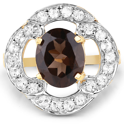 14K Yellow Gold Plated 3.87 Carat Genuine Smoky Quartz and White Topaz .925 Sterling Silver Ring