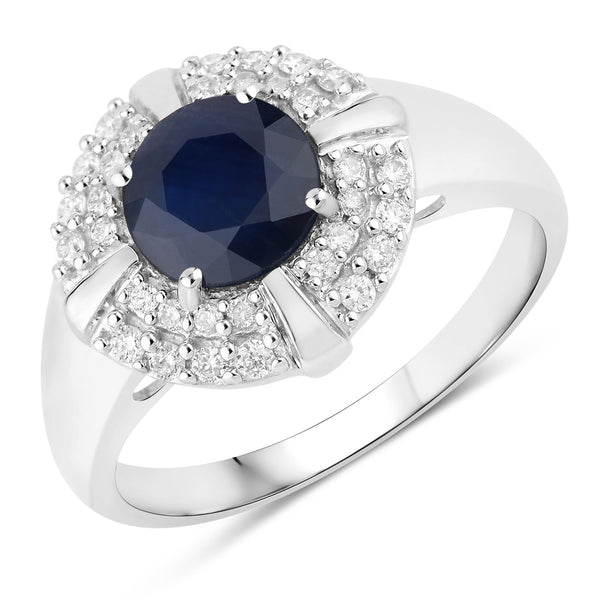 1.71 Carat Genuine Blue Sapphire and White Diamond 10K White Gold Ring