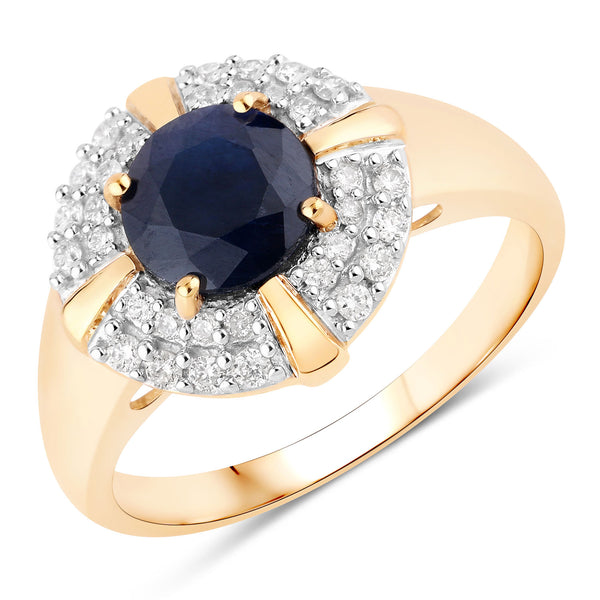 1.71 Carat Genuine Blue Sapphire and White Diamond 10K Yellow Gold Ring